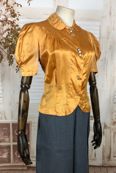 Original Vintage 1930s 30s Satin Gold Blouse With Lizard Texture And Puff Sleeves