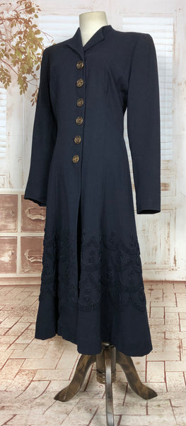 Exceptional Late 1930s / Early 1940s Navy Blue Soutache Coat With Gorgeous Buttons