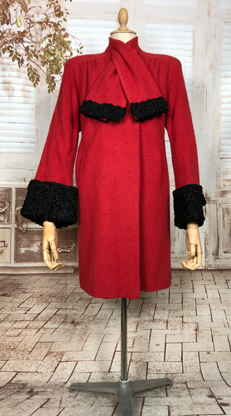 Incredible Rare Original 1940s Vintage Red Chevron Wool Couture Coat By Oscar Cahn
