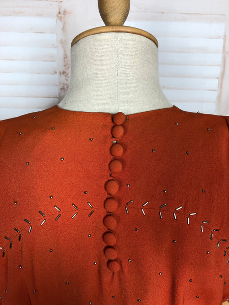 Exceptional Original Late 1930s / Early 1940s Orange Studded Cocktail Dress With Keyhole Detail