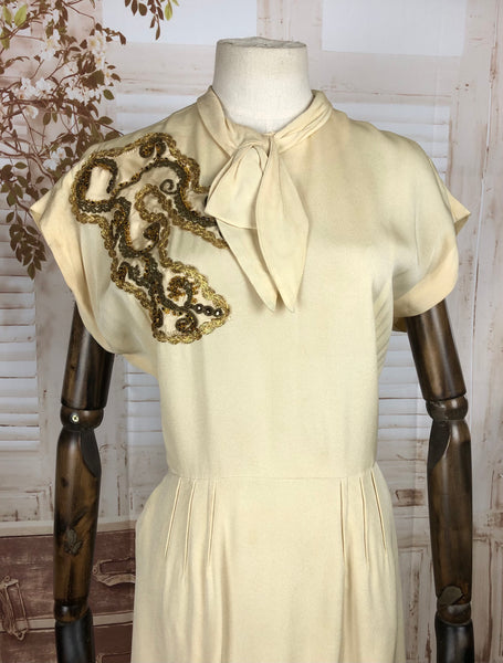 Original 1940s 40s Vintage Cream Cocktail Dress With Gold Braided Trim And Beading