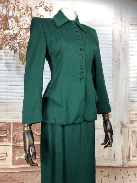 RESERVED Original Vintage 1940s 40s Forest Green Skirt Suit With Fabulous Button Details