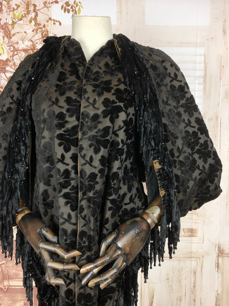 Original 1800s Victorian Raised Flower Pattern Devoré Velvet Cape With Mole Fur Tassels