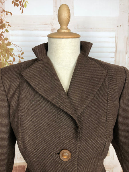 Amazing Original 1940s Vintage Chocolate Brown And Gold Needle Stripe Skirt Suit