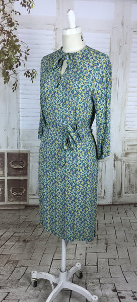 Original 1940s Vintage Volup Floral Blue Yellow Green Print Rayon Crepe Dress With Tie Belt