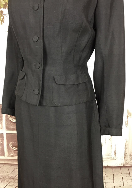Original 1940s 40s Brown Slubbed Silk Skirt Suit With Velvet Collar And Belt Back By Duchess Royal