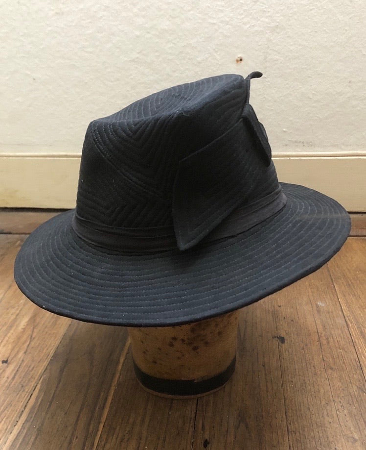 Rare 1930s 30s Vintage Black Topstitched Ladies Fedora Hat