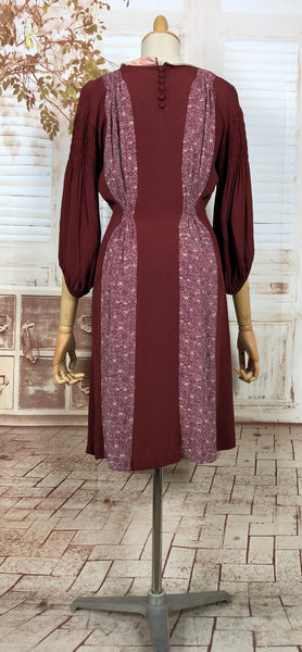 Super Rare Original 1930s 30s Volup Vintage Burgundy Crepe Dress With Gorgeous Bishop Sleeves