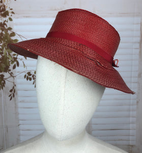 Shiny Red Pleated Straw Original 1940s 40s Fedora Hat