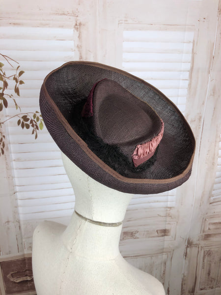 Purple 1930s 30s Straw Brimmed Perched Hat With Pink Magenta And Brown Trim