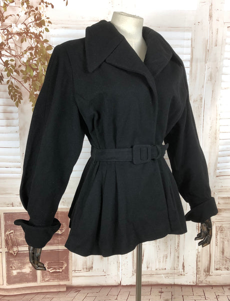 Original Vintage 1940s 40s Black Wool Wrap Belted Princess Jacket