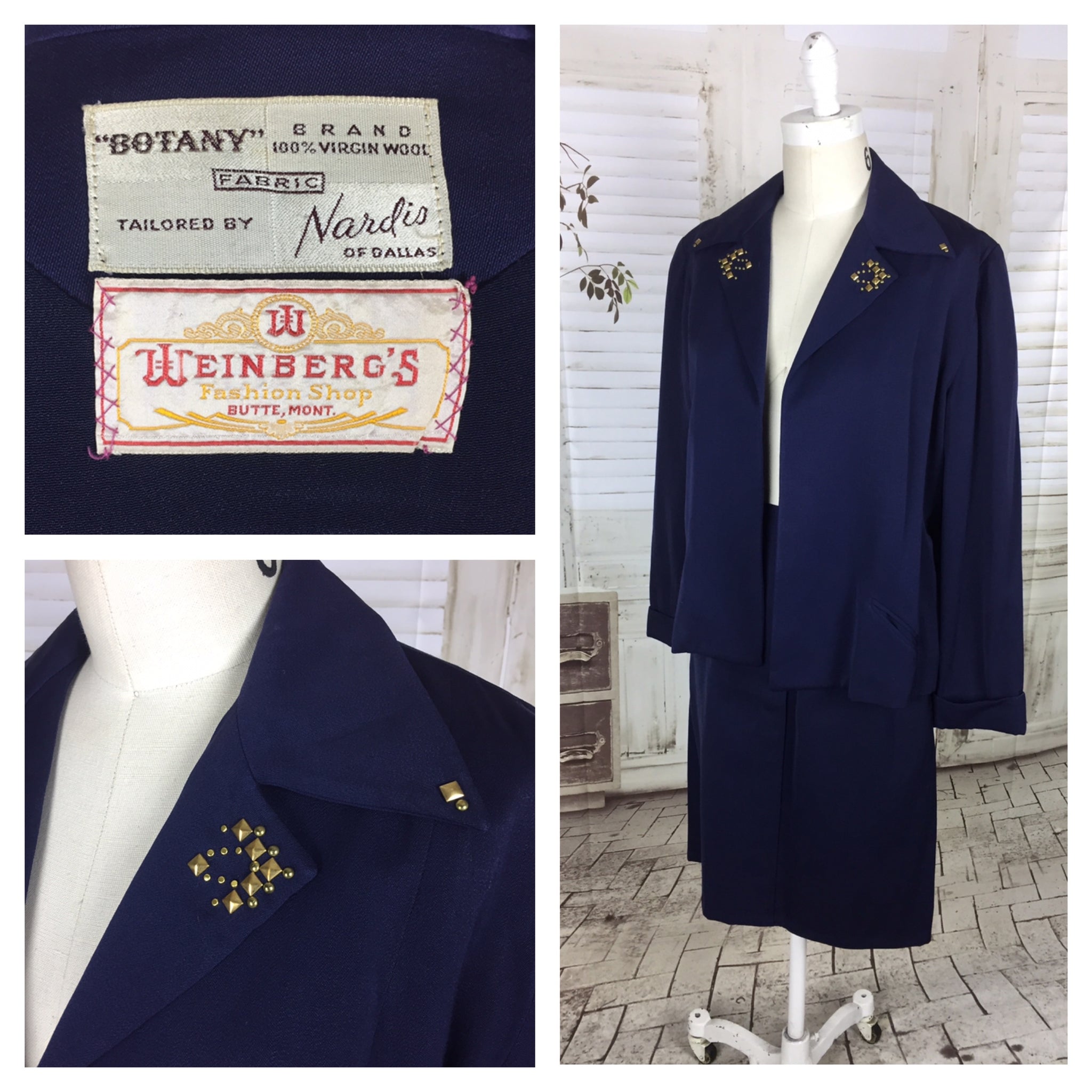 Original 1950s Navy Blue Vintage Wool Skirt Suit With Brass Collar Studs By Botany USA