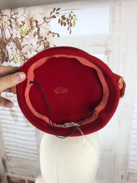 Red 1940s 40s Cap Hat With Soutache Scroll