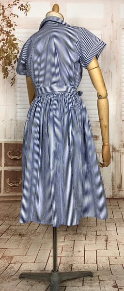 Stunning Original 1940s Vintage Blue And White Striped Belted Summer Dress