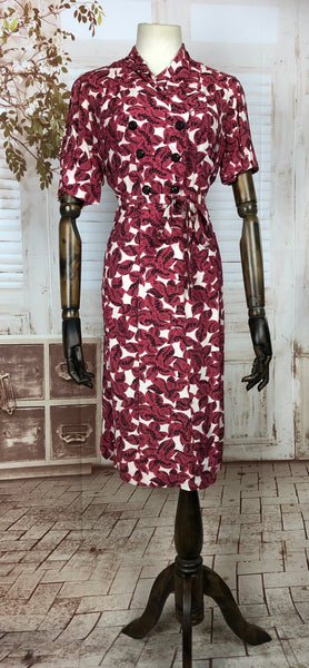 Original 1940s 40s Vintage Magenta Print Belted Gabardine Dress