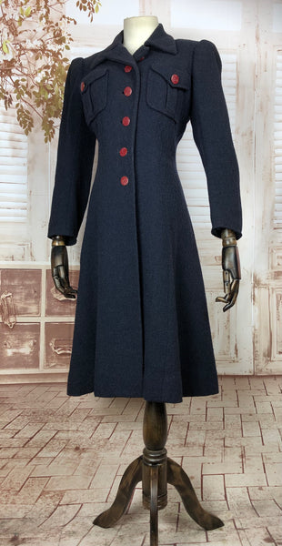 Super Rare Late 1930s / Early 1940s Wartime Vintage Navy Puff Sleeve Coat By Hattie Carnegie