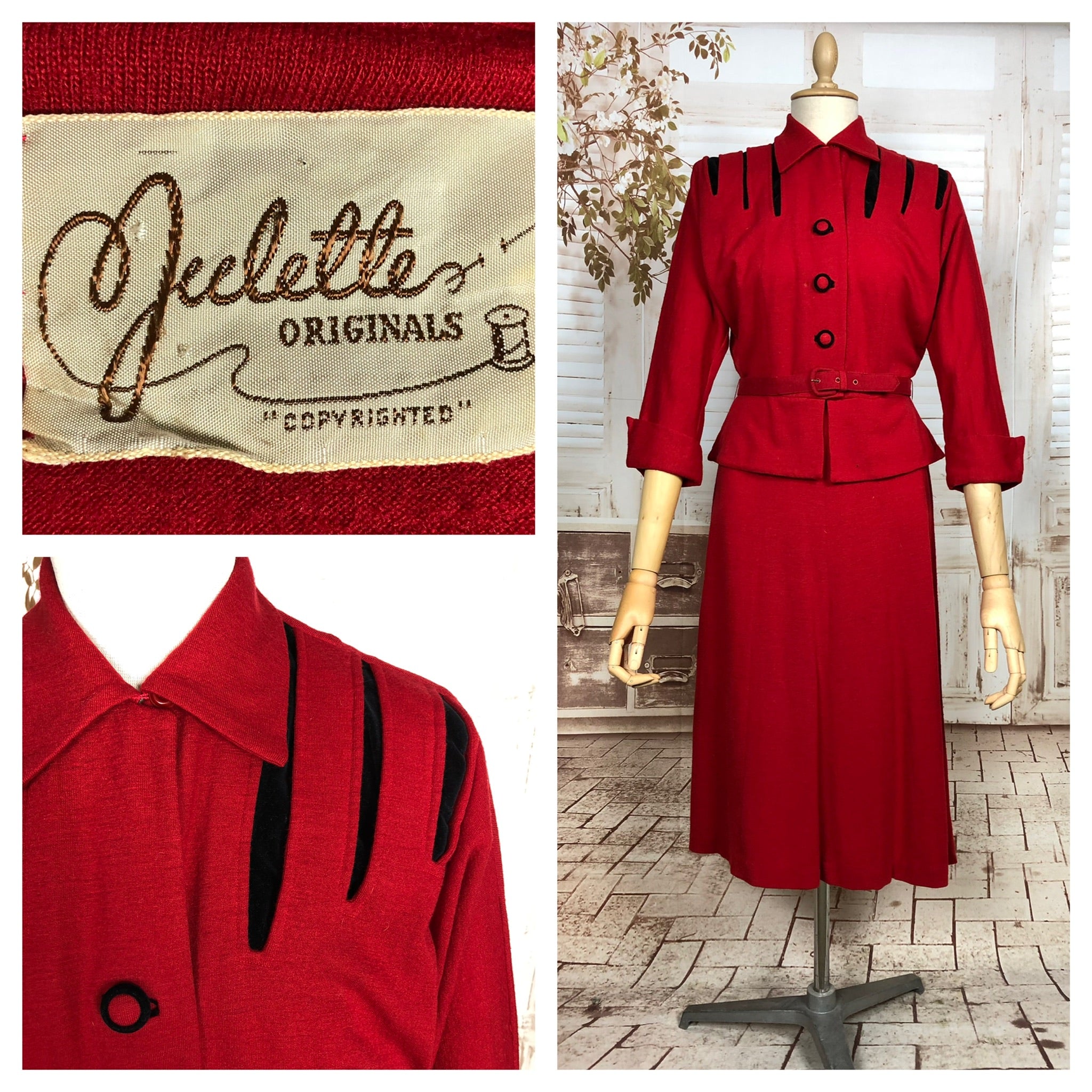 Amazing Original 1940s Vintage Red Belted Suit With Black Accents By Juliette Originals