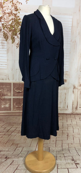 Original 1930s 30s Vintage Navy Blue Textured Crepe Skirt Suit