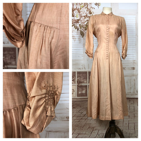 Rare Original 1930s 30s Vintage Raw Peach Silk Dress With All The Buttons
