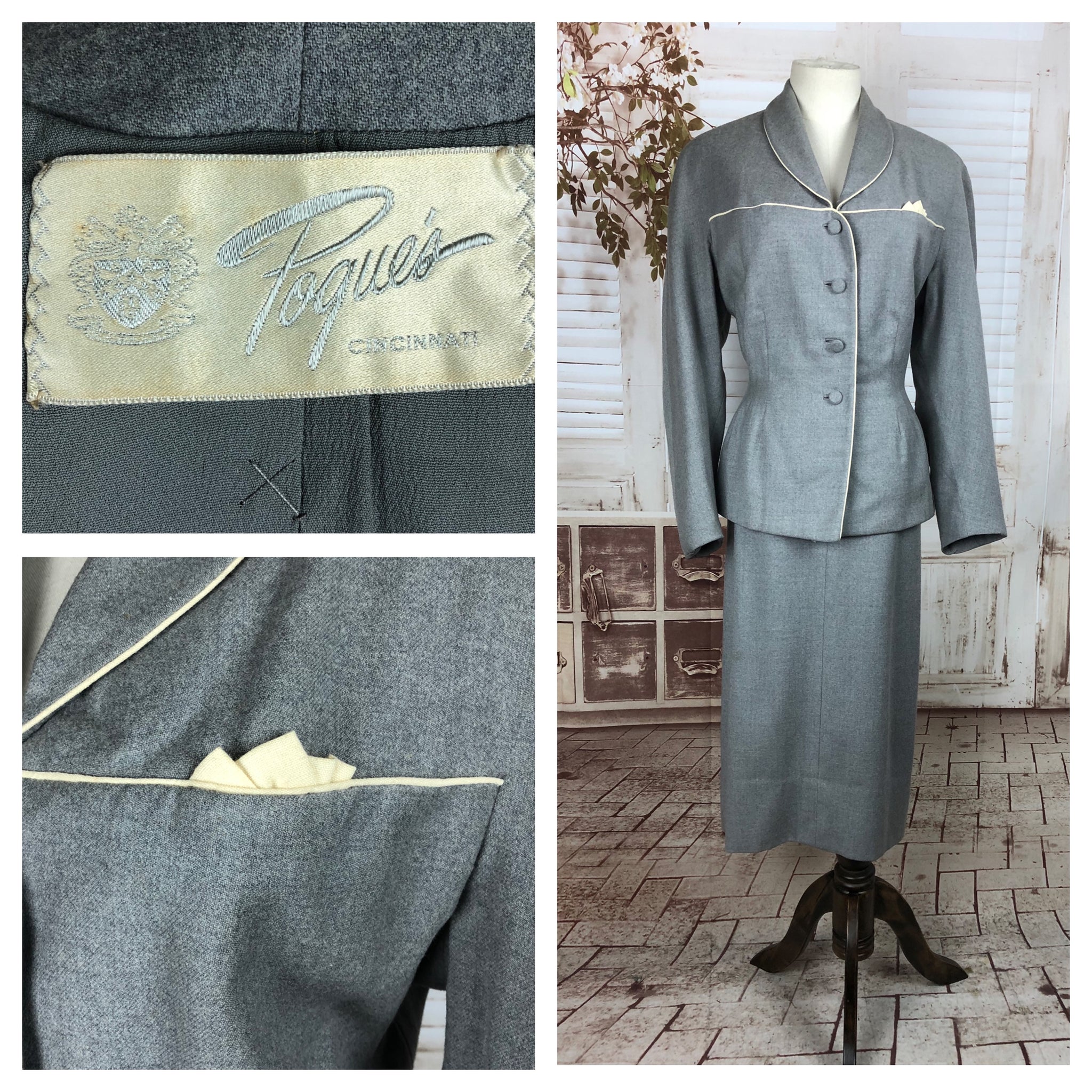 Original 1950s 50s Vintage Grey Wool Suit With White Highlights By Walda Scott