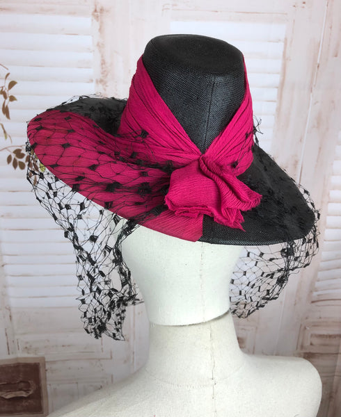 Incredible Original Vintage 1940s 40s Black Witchy Fedora Hat With Pink Trim Exhibited At The Imperial War Museum