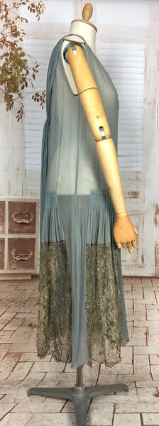 Super Rare Original 1920s Vintage Periwinkle Blue Chiffon Flapper Dress With Hold Lamé Lace