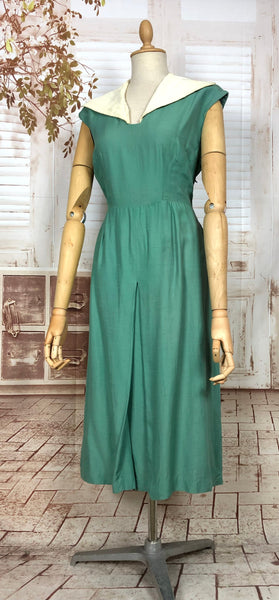 Gorgeous Original Late 1930s / Early 1940s Teal Silk Blend Dress With Sailor Style Collar