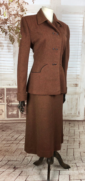 Original 1940s 40s Vintage Brown Wool Skirt Suit With Double Button Front