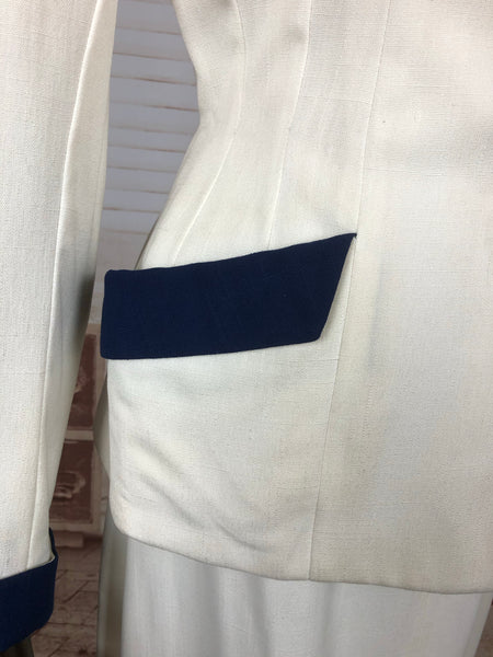 Original 1940s 40s Vintage White Summer Skirt Suit With Navy Accents By Kipness