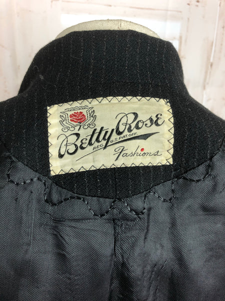 Original 1940s 40s Vintage Black Wool Chalk Pinstripe Blazer by Betty Rose