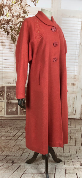 Original Late 1940s 40s Volup Vintage Coral Wool Coat With Trapunto Quilting And Large Carved Buttons