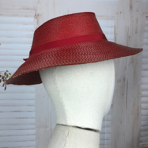 Shiny Red Pleated Straw Original 1940s 40s Fedora Hat