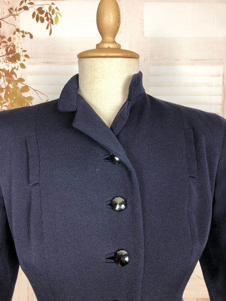 Unusual Original 1940s Vintage Navy Blue Princess Coat with Scarf Detail By Windsmoor