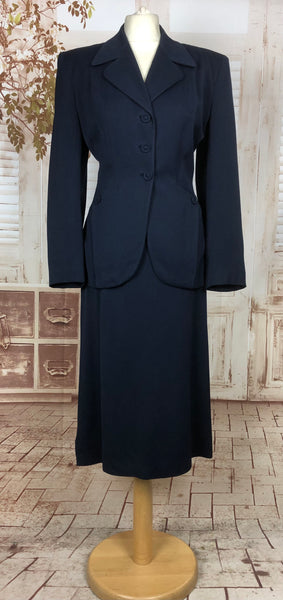 Original 1940s 40s Vintage Navy Blue Gabardine Skirt Suit By Stagnittos