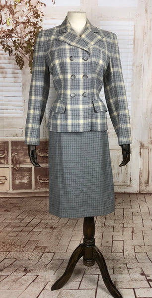 LAYAWAY PAYMENT 2 of 2 - RESERVED FOR LILI - Original 1940s 40s Vintage Periwinkle Blue And Cream Plaid Double Breasted Wool Skirt Suit By O’ Rossen