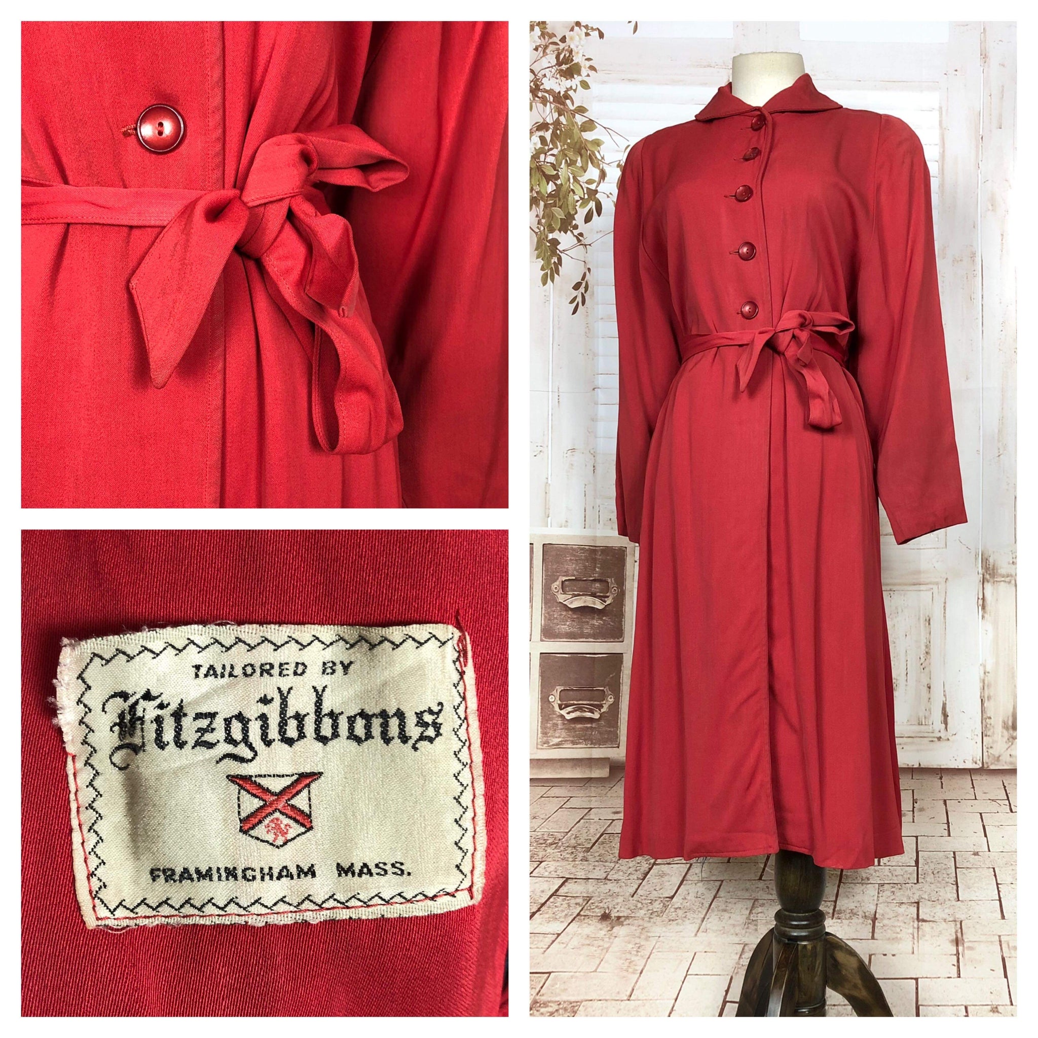 Stunning Original 1940s Volup Vintage Red Gabardine Belted Trench Coat