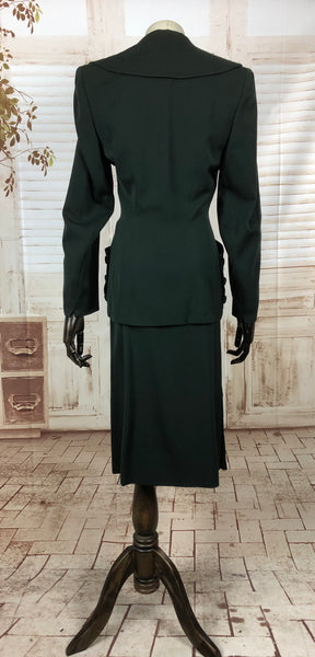 Original Vintage 1940s 40s Forest Green Gabardine Skirt Suit With Amazing Double Collar And Button Details