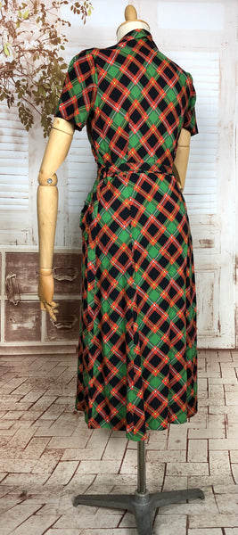 Fabulous Original Late 1930s / 1940s Vintage Red And Green Plaid Soft Cotton Dress