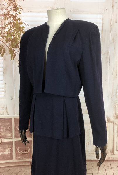 Original 1940s 40s Vintage Navy Blue Suit With Cropped Jacket And Peplum Skirt