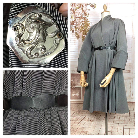 Amazing Original 1940s Vintage Grey Striped Belted Fit And Flare Princess Coat By Gotham