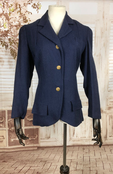 Original 1930s 30s Vintage Navy Blue Wool Jacket With Brass Buttons