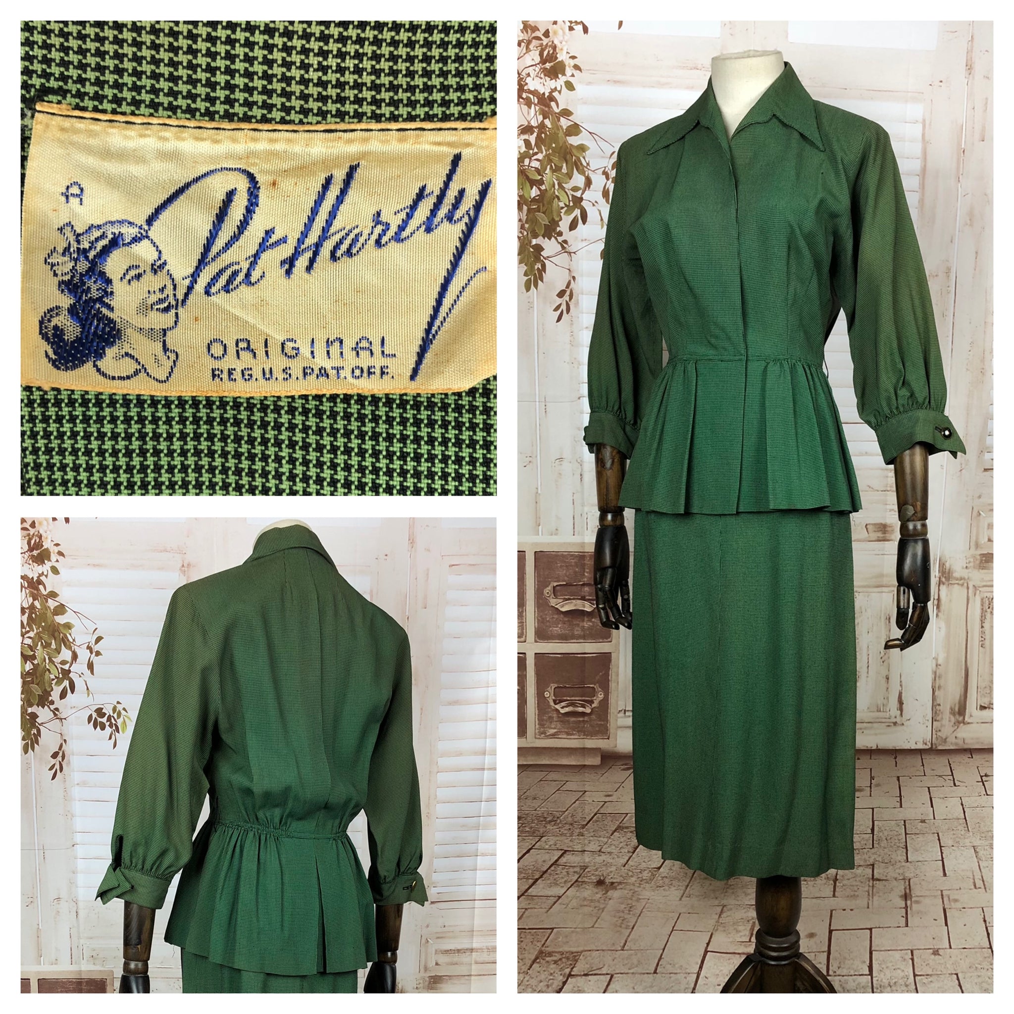 Original 1940s 40s Vintage Green Check Peplum Summer Suit By Pat Hartly