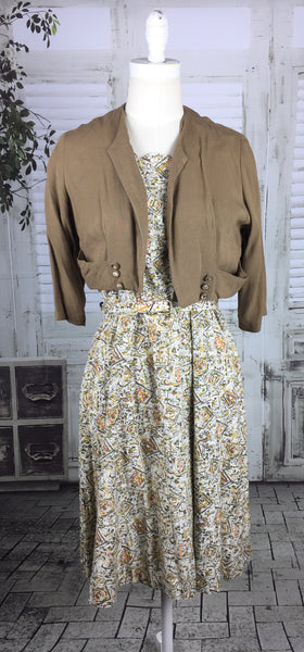 Original 1940s Vintage Letter Novelty Print Dress and Jacket With Matching Novelty Print Buttons Volup