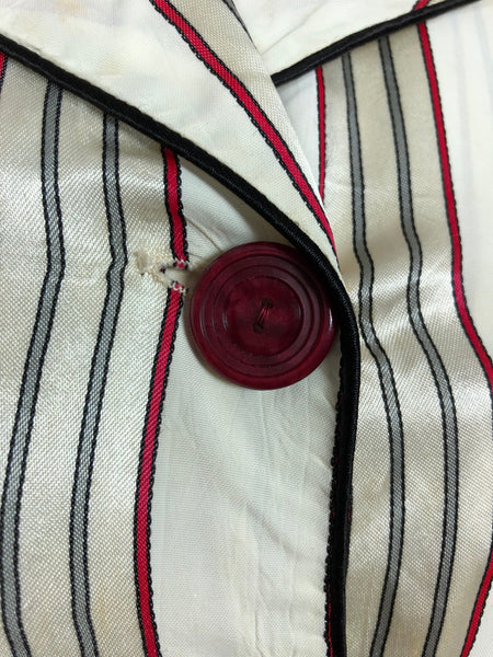 Fabulous Original 1940s Vintage White And Burgundy Striped Satin Belted Jacket