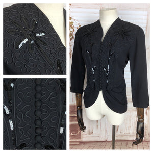 Incredible Original 1940s 40s Vintage Black Crepe Jacket With Soutache Embroidery And Sequins