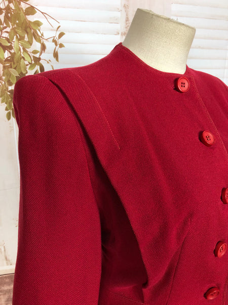 Gorgeous Original 1940s 40s Vintage Lipstick Red Collarless Skirt Suit