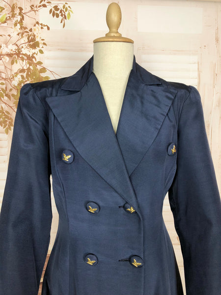 Magnificent Early 1940s Wartime Vintage Full Length Navy Blue Princess Coat With Eagle Buttons