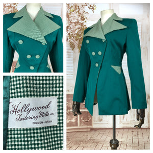 Incredible Original 1940s 40s Vintage Emerald Green Blazer With Gingham Details