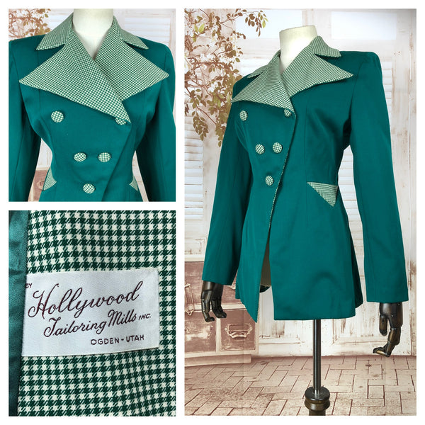 Incredible Original 1940s 40s Vintage Emerald Green Blazer With Gingham Details