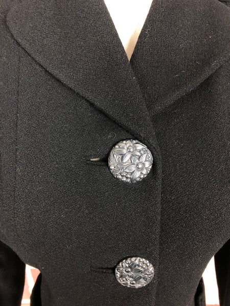 Fabulous Original 1940s 40s Vintage Black Blazer With Stunning Buttons And Trapunto Pockets 